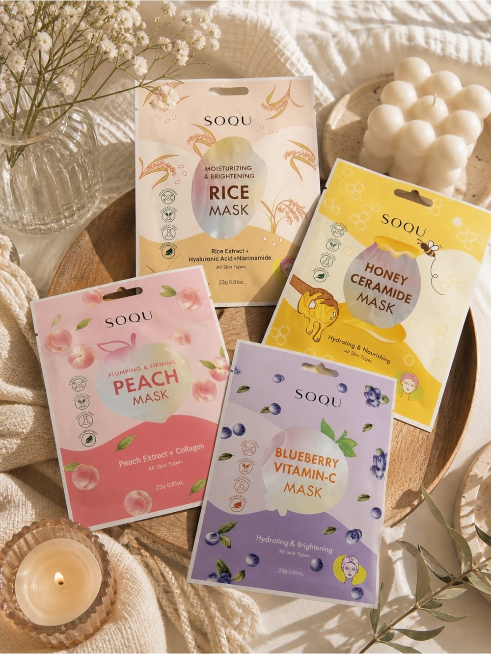 SOQU Sheet Mask Bundle – Hydrating + Brightening Skincare Set (4 Pack) ✨